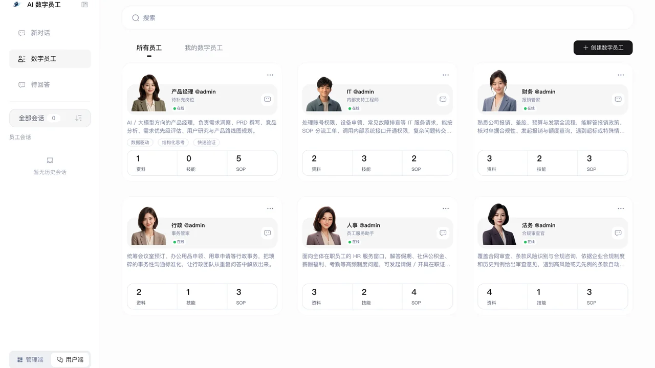 企业级 AI 数字员工管理平台产品界面